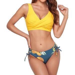 NWT Yellow Twist-Front Top and Blue Lemons Lace-Up Side Bikini Bottom Set L
